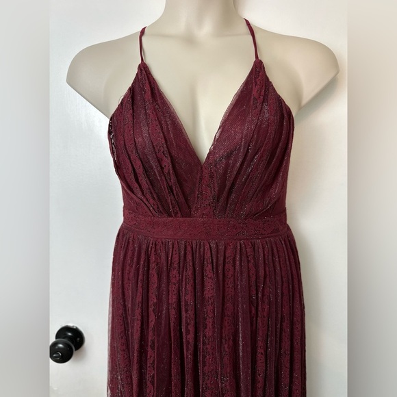 Burgundy Maxi Dress V-neck spaghetti straps pleated design with lace M #1525 - Picture 4 of 12
